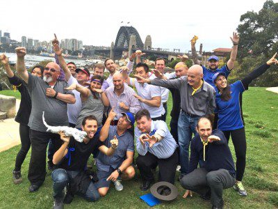 Transport NSW team building in The Rocks Sydney with harbour Bridge Climb in background.