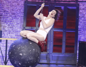 Lip Sync Battle with Anne Hathaway swinging on Miley Cyress's wrecking ball