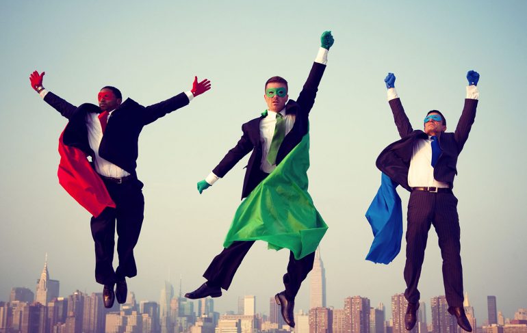sales team building activities men flying like superman