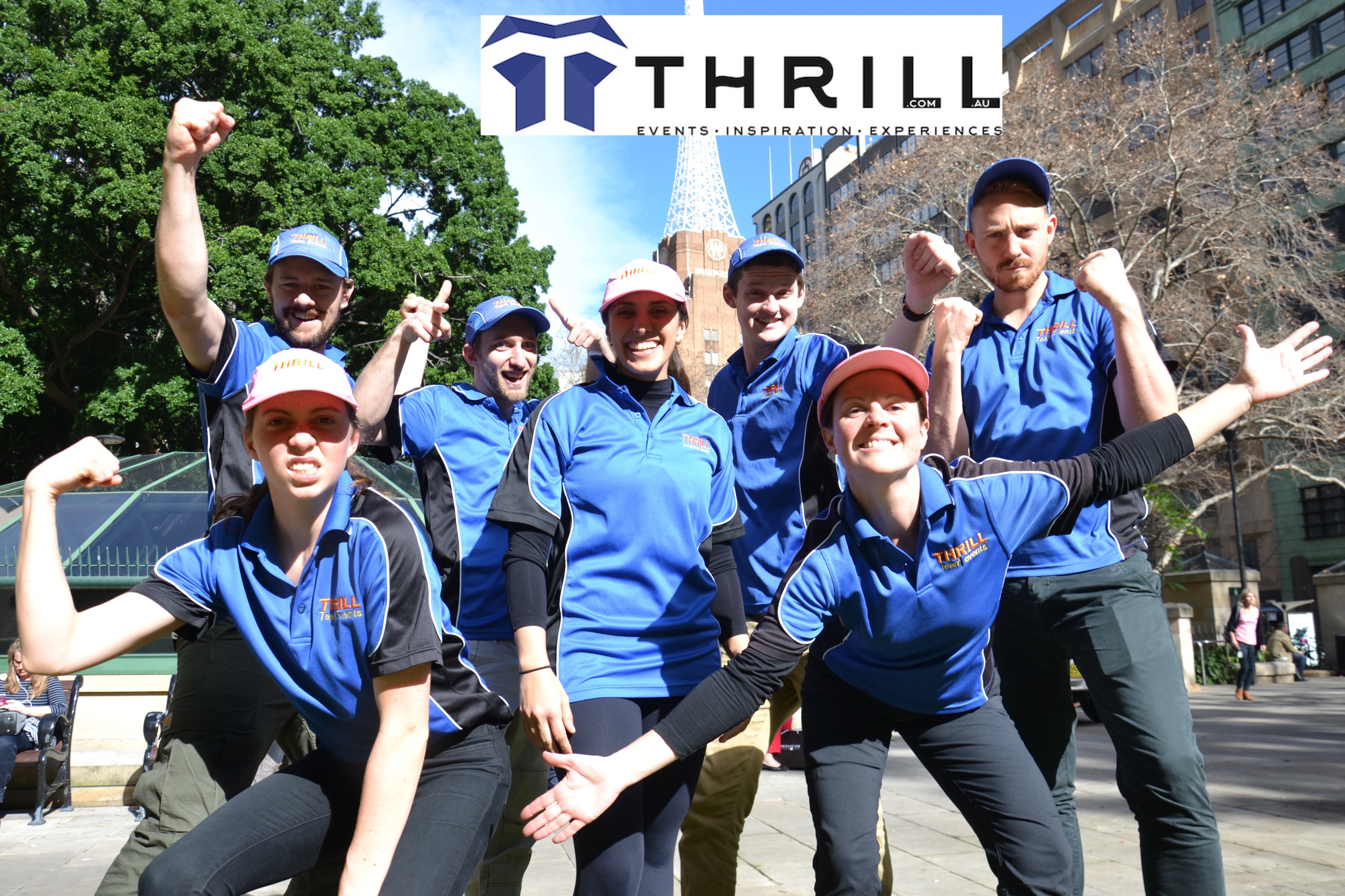 Thrill team builders professional Events coordinators and team building activities staff flex their muscles. In Sydney's corporate training and conference events job market.