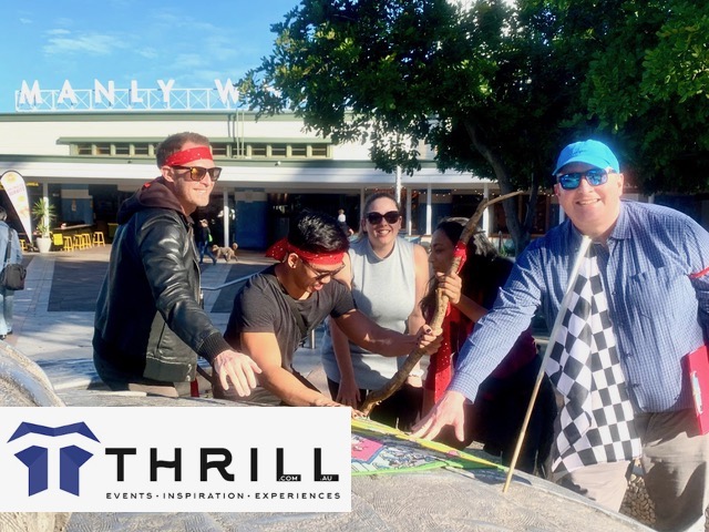 Manly Amazing race team building by Thrill events. Registering arrivals and ready for the next amazing Manly beach race team challenge by Manly Ferry Wharf. 
