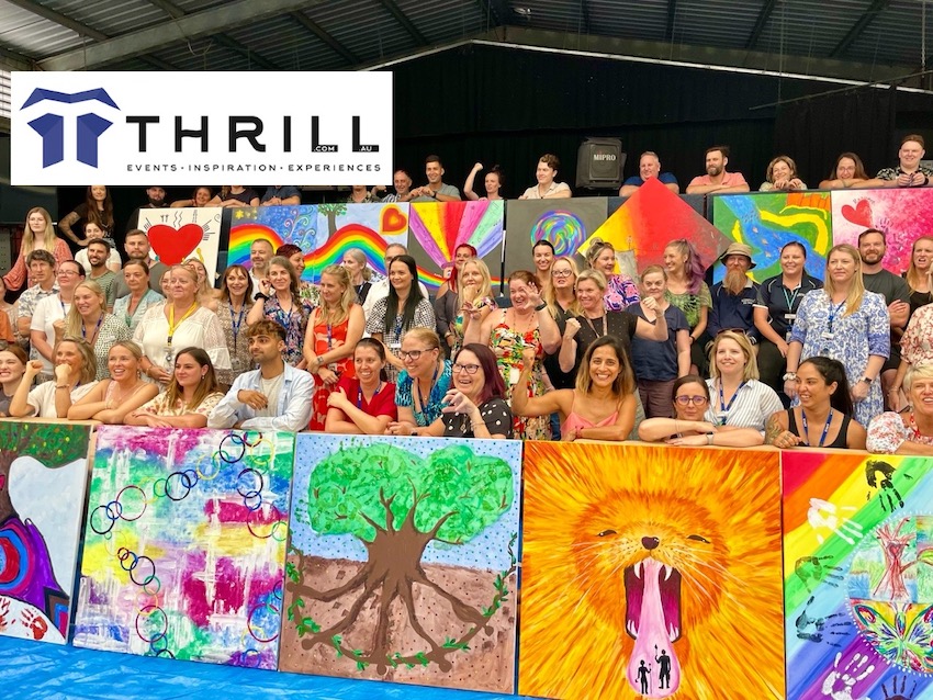 Thrill-art-creativity-events-lions-roar. here the Thrill team takes 100 staff in a large group creative team building art painting staff training exercise to empower employees. To express and visualise their creations and be more wild at art with a visual message and story telling workshop.