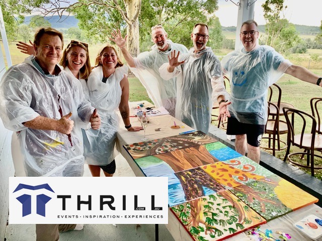 Art on The Sunshine Coast and all conference venues for team building staff connection and expressive visualisation of multiple painted canvases - exploring creativity whilst painting and sipping